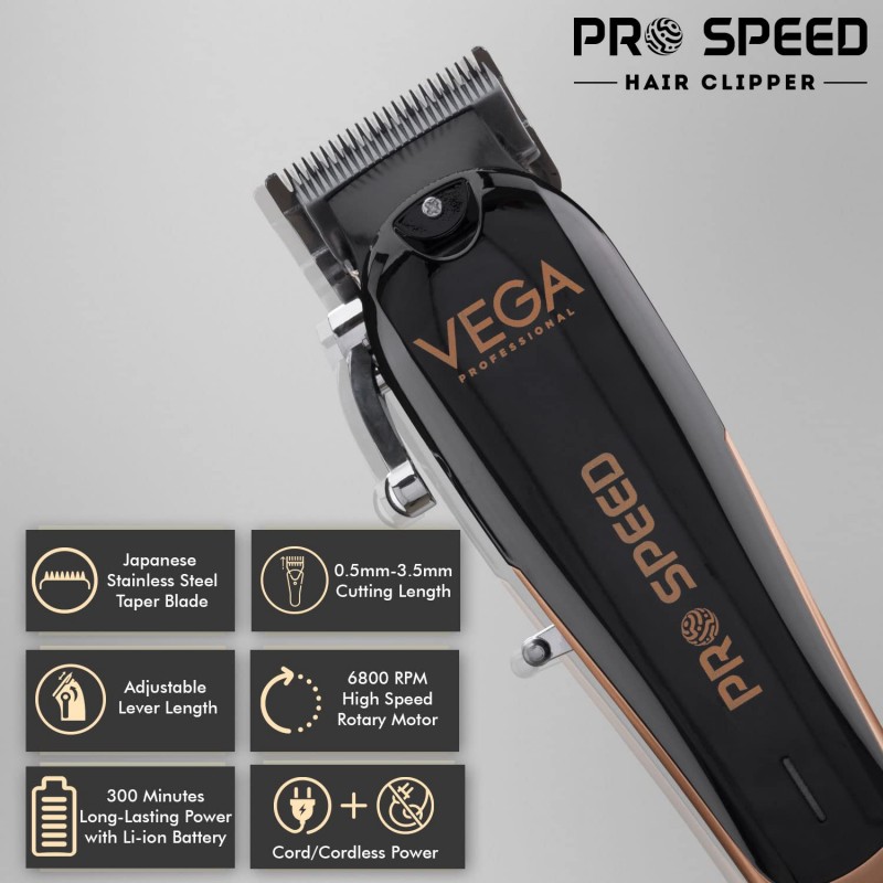 VEGA PROFESSIONAL Men Pro Battery Powered Speed Professional Hair Clipper With 300 Mins Runtime & Japanese Stainless Steel Taper Blades, (Vpphc-07)