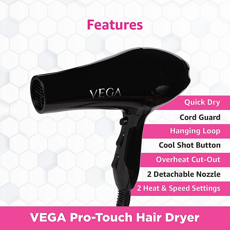 VEGA Pro Touch 1800-2000 Watts Professional Hair Dryer with 2 Detachable Nozzles (VHDP-02)- Black