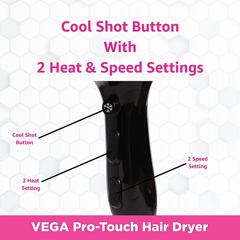 VEGA Pro Touch 1800-2000 Watts Professional Hair Dryer with 2 Detachable Nozzles (VHDP-02)- Black