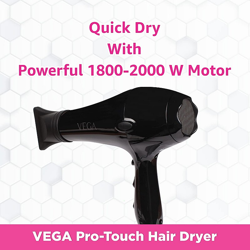 VEGA Pro Touch 1800-2000 Watts Professional Hair Dryer with 2 Detachable Nozzles (VHDP-02)- Black