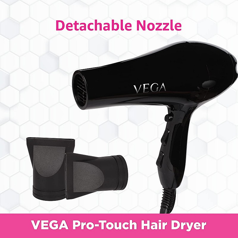 VEGA Pro Touch 1800-2000 Watts Professional Hair Dryer with 2 Detachable Nozzles (VHDP-02)- Black