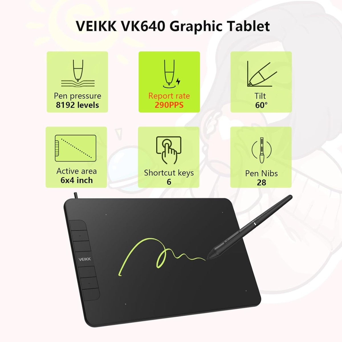 VEIKK VK640 Drawing Tablet 6x4 inch Portable Pen Tablet with 8192 Levels Battery-Free Stylus Graphic Tablet