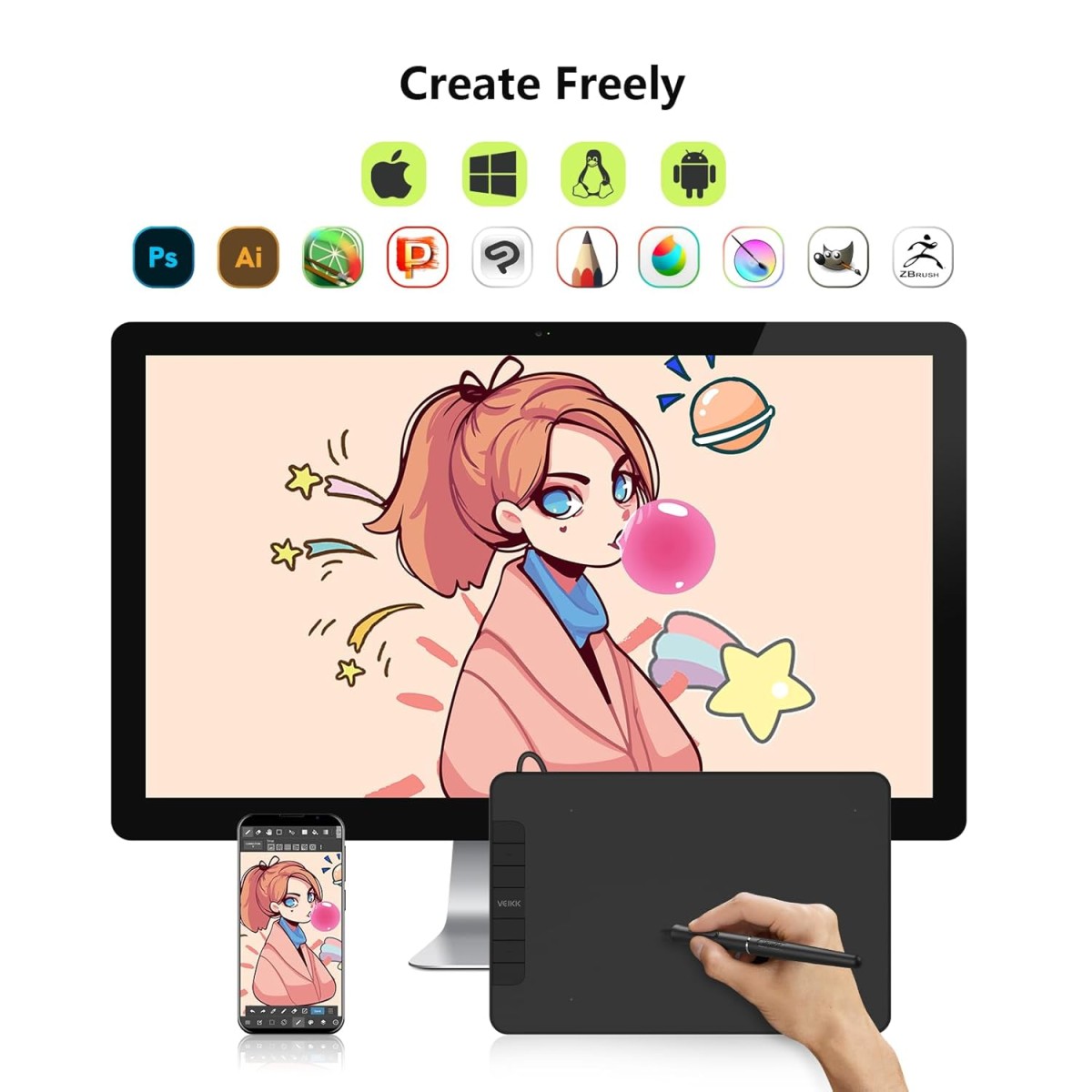 VEIKK VK640 Drawing Tablet 6x4 inch Portable Pen Tablet with 8192 Levels Battery-Free Stylus Graphic Tablet