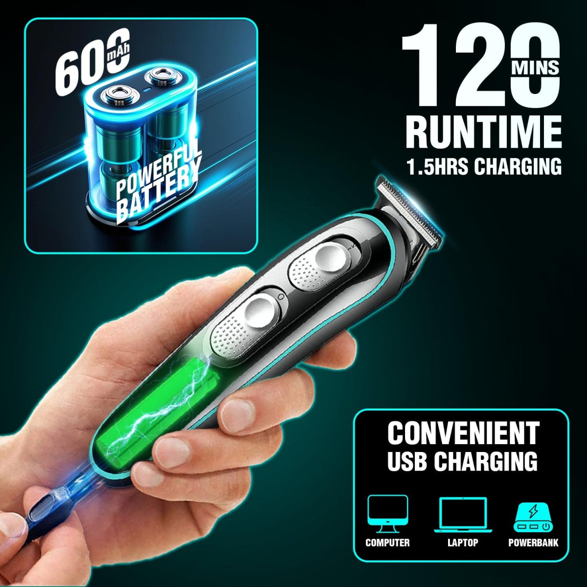 VGR V-055 Professional Hair Trimmer for Men | 4 Guide Combs, Corded & Cordless, Adjustable Blade | Beard & Hair Grooming | USB Charging with 120 Min Runtime - Black