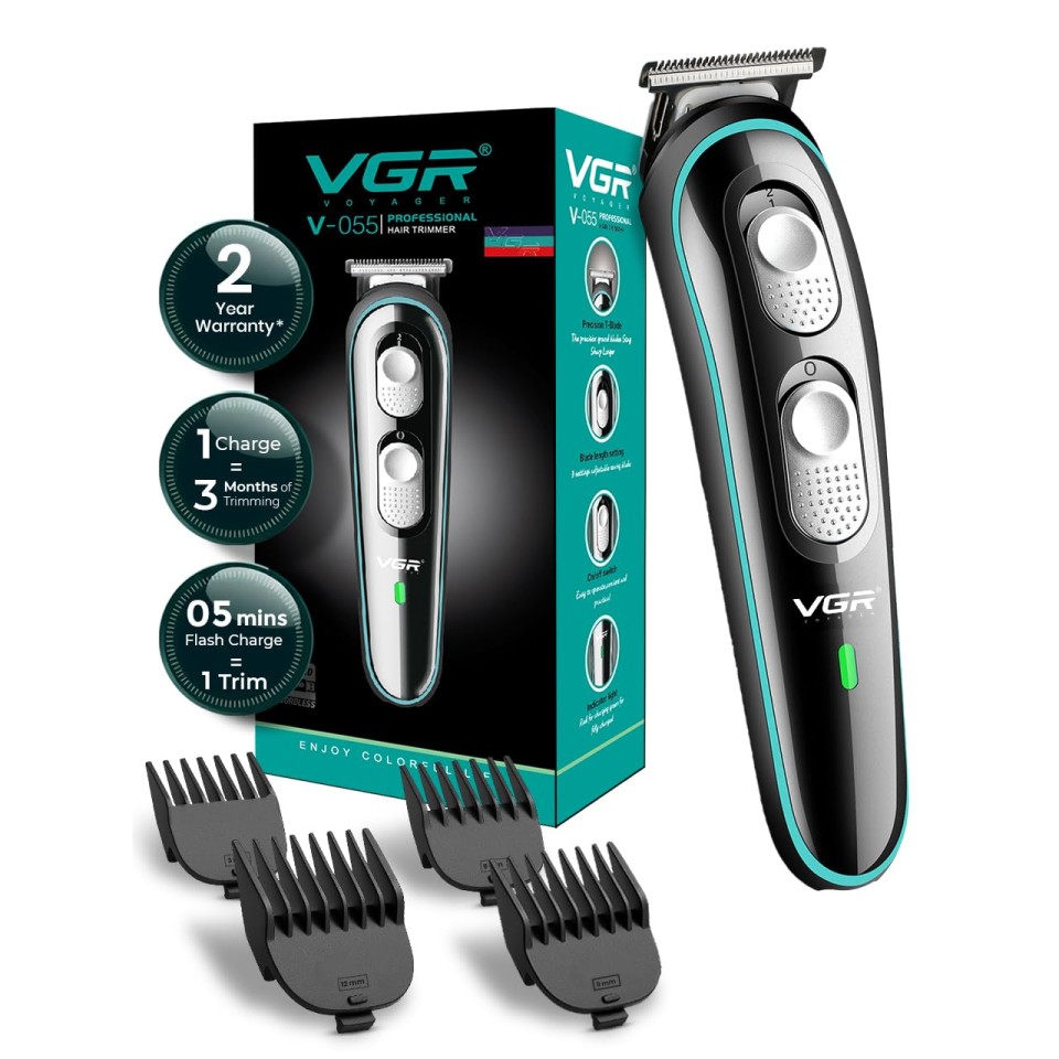 VGR V-055 Professional Hair Trimmer for Men | 4 Guide Combs, Corded & Cordless, Adjustable Blade | Beard & Hair Grooming | USB Charging with 120 Min Runtime - Black