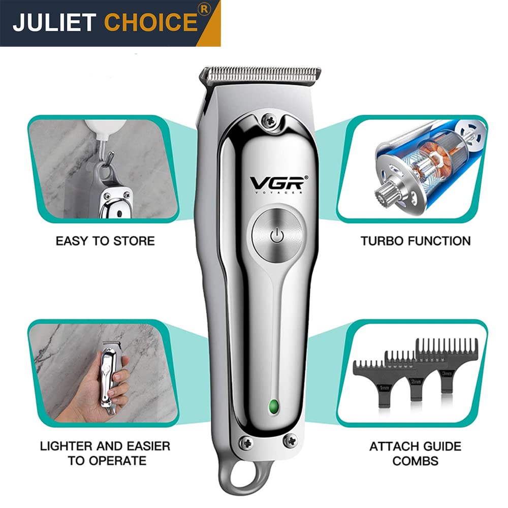 VGR V-071 Cordless Professional Hair Clipper Runtime: 120 Min Trimmer For Men With 3 Guide Combs (Silver) Standard,Battery Powered, 1 Count