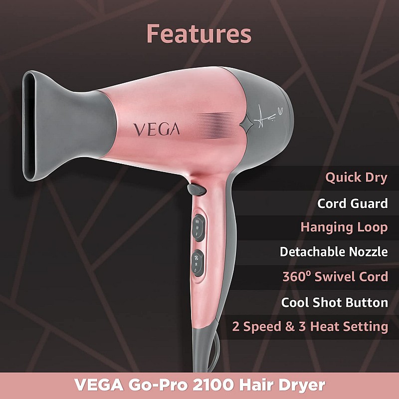 Vega Hair Dryer for Women With Cool Shot Button & 3 Heat Settings, 2100W Blow Dryer, (VHDH-25)