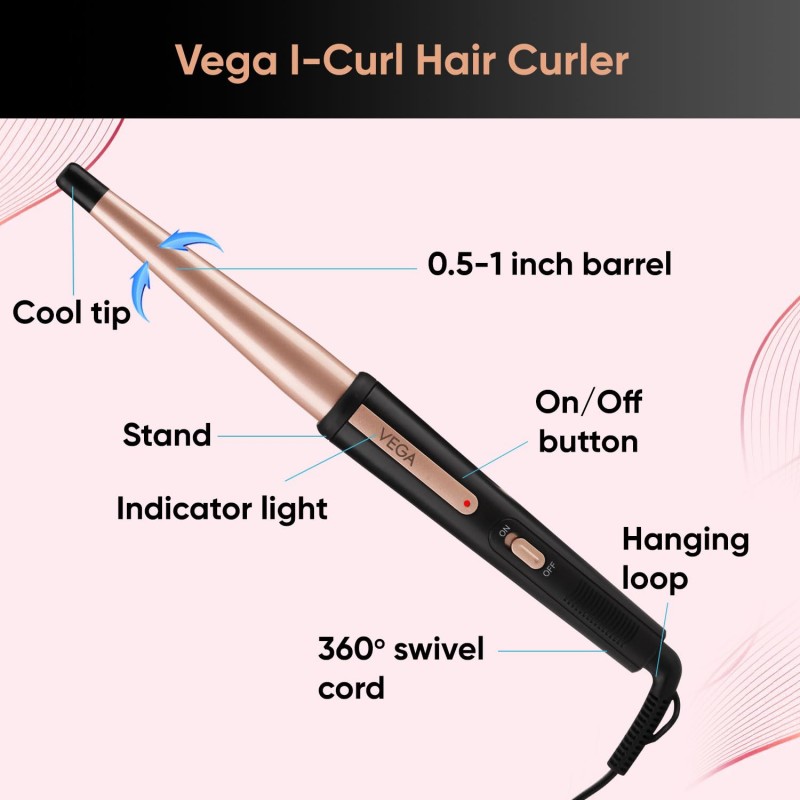 Vega I-Curl Hair Curler for Women with Ceramic Coated 0.5 inch-1 inch Barrel, Quick Heatup Technology, LED Indicator, Salon Style at Home, Suitable for All Hair Types, (VHCH-05), Black