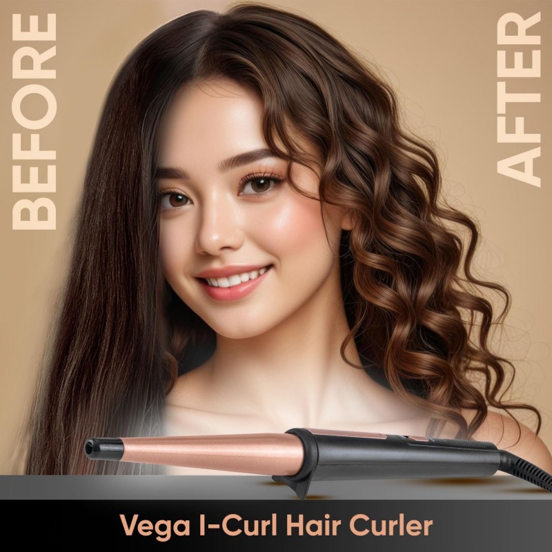 Vega I-Curl Hair Curler for Women with Ceramic Coated 0.5 inch-1 inch Barrel, Quick Heatup Technology, LED Indicator, Salon Style at Home, Suitable for All Hair Types, (VHCH-05), Black