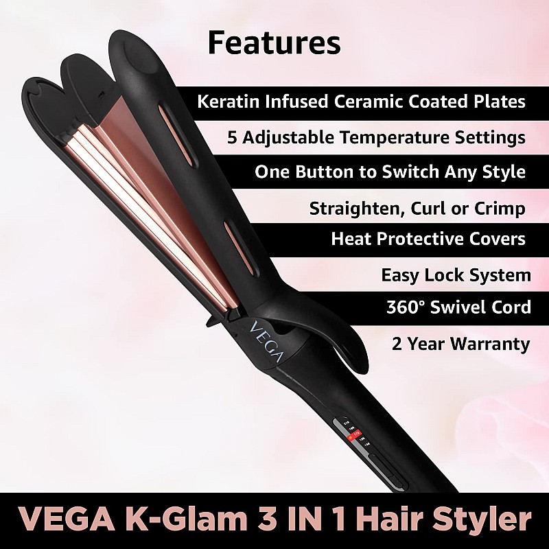 Vega K Glam Advanced 3 In 1 Hair Styler with Adjustable Temperature & Heat Protection Covers- Hair Straightener, Curler & Crimper, VHSCC-04