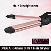 Vega K Glam Advanced 3 In 1 Hair Styler with Adjustable Temperature & Heat Protection Covers- Hair Straightener, Curler & Crimper, VHSCC-04