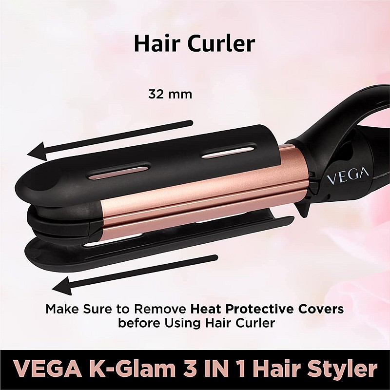 Vega K Glam Advanced 3 In 1 Hair Styler with Adjustable Temperature & Heat Protection Covers- Hair Straightener, Curler & Crimper, VHSCC-04