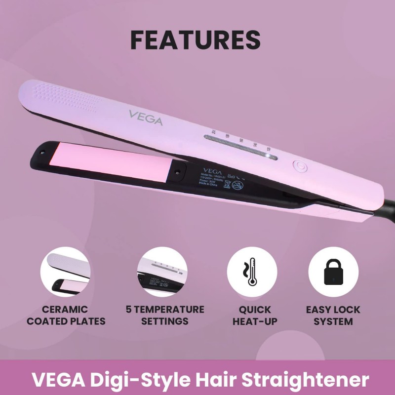 Vega K Shine Hair Straightener for Women with Keratin infused Plates for Minimise Hair Damage, Heat upto 200°C, Power Indicator Light, Rose Gold, (VHSH-28)