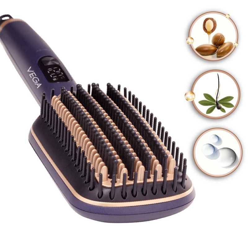 Vega LitStyle L1 Hair Straightener Brush for Women with DuoCare Technology, Ceramic Coated Bristles, Smart Memory Function, 5 Temperature Settings, Quick Heat-up, (VHSB-06), Blue