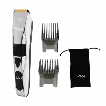 Vega P3 Battery Powered Trimmer Men with 160 Mins Runtime, Titanium Blades, 2 Comb Attachment, Digital Display & 40 Length Settings, Silver, (Power Series P3 VHTH-27)