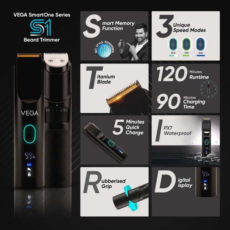 Vega SmartOne S1 Beard Trimmer for Men with Titanium Blade, Digital Display, 120 mins Runtime, IPX7 Waterproof & 40 Length Settings, 3 Unique Speed Mode Black (VHTH-30)