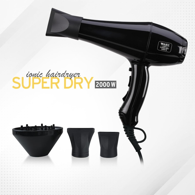 WAHL 5439-024 Super Dry Professional 2000 Watts Ionic Hair Dryer with Tourmaline Technology; 3 Heat Settings & 2 Speed Settings & Cool Shot Button; Black