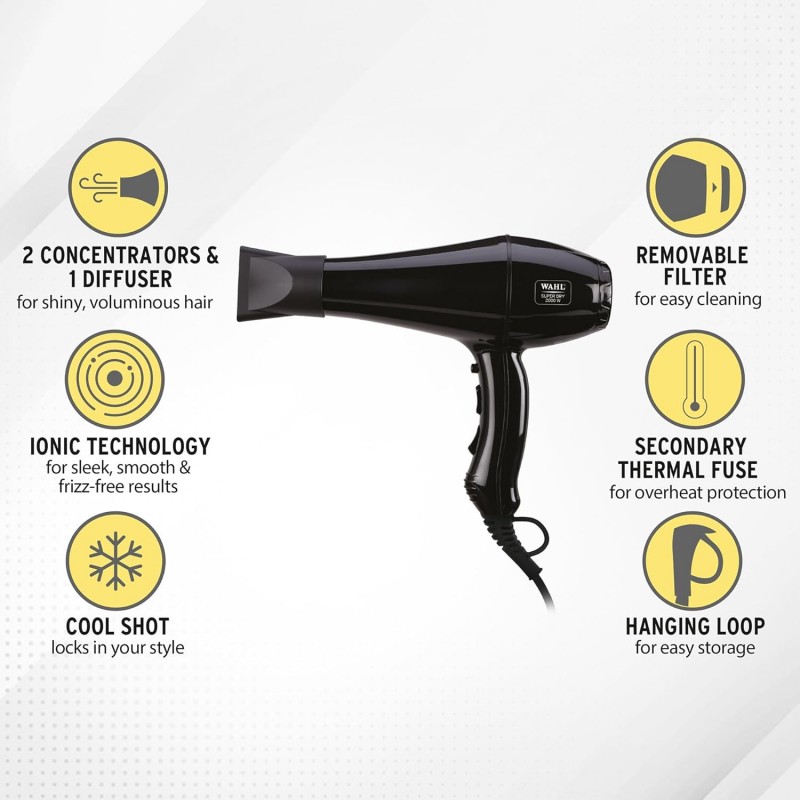 WAHL 5439-024 Super Dry Professional 2000 Watts Ionic Hair Dryer with Tourmaline Technology; 3 Heat Settings & 2 Speed Settings & Cool Shot Button; Black