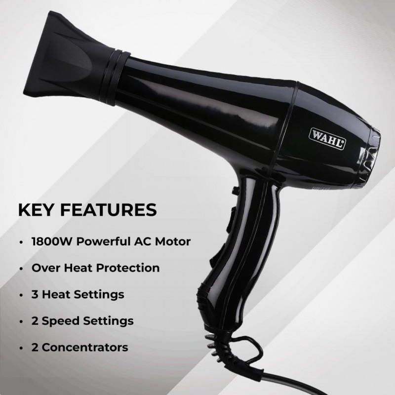 WAHL 5439-024 Super Dry Professional 2000 Watts Ionic Hair Dryer with Tourmaline Technology; 3 Heat Settings & 2 Speed Settings & Cool Shot Button; Black