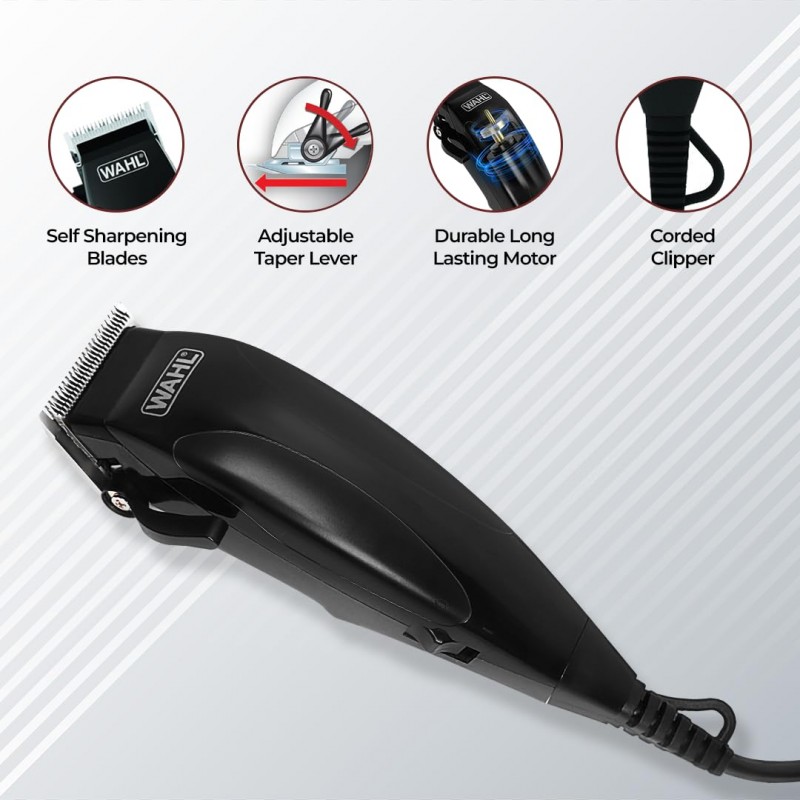 WAHL Home Cut Black Edition Hair Clipper Complete Hair Cutting Clipper with Thumb Adjustable Taper & Travel Pouch, Powerful Electromagnetic Motor with 14,400 strokes per min, Self-Sharpening Carbon Steel Blades, 10 Cutting