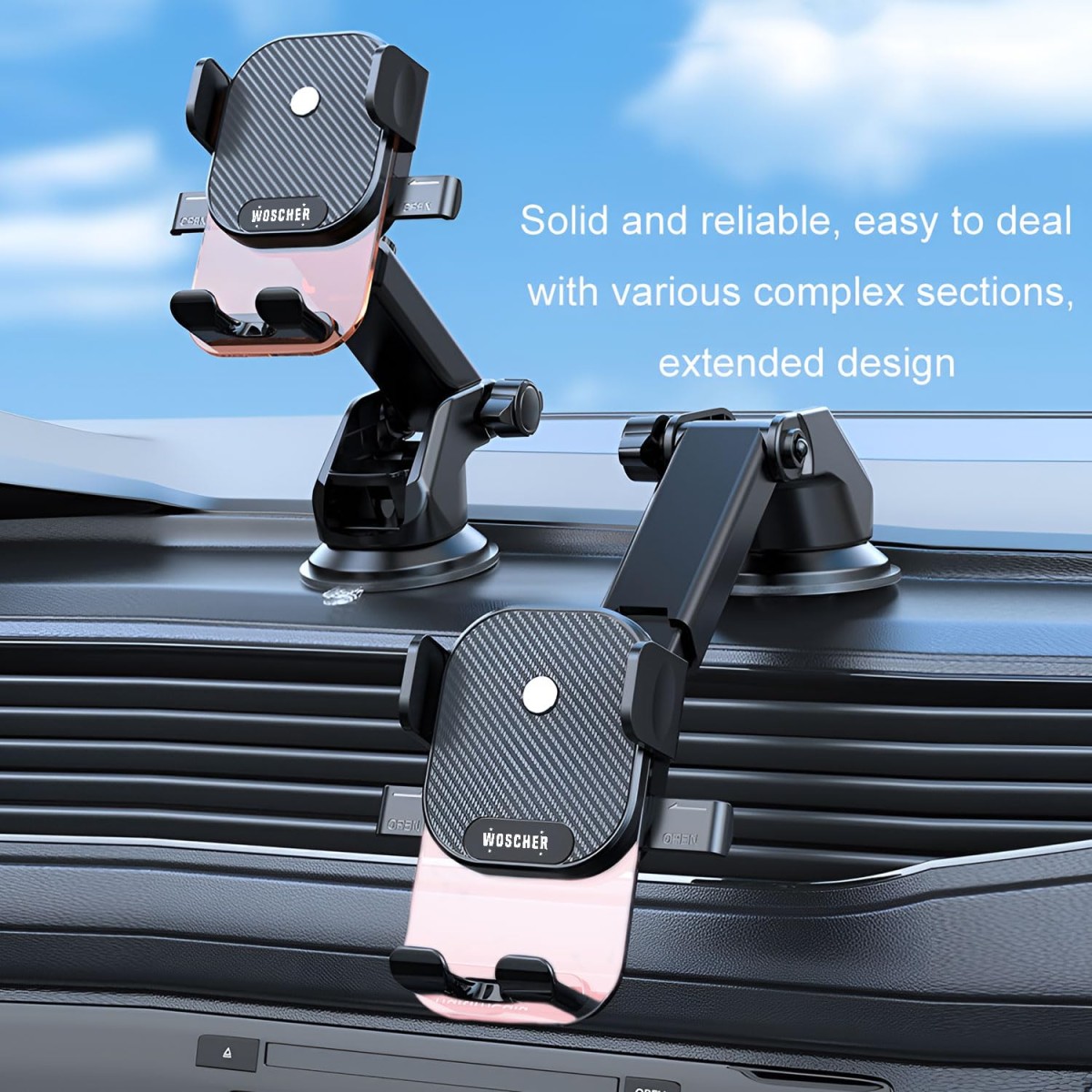 WOSCHER N81-C2,Clamp Car Mobile Holder with Strong Suction Cup | One Click Release Button (Black) Car Holder Adjustable Car Phone