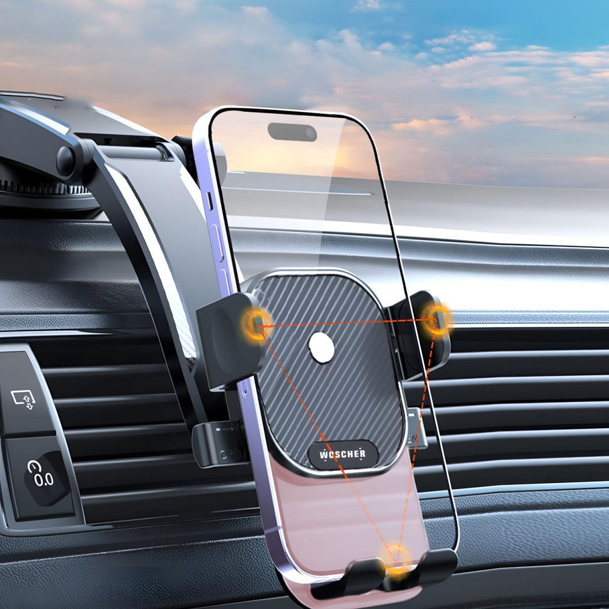 WOSCHER N81-C2,Clamp Car Mobile Holder with Strong Suction Cup | One Click Release Button (Black) Car Holder Adjustable Car Phone