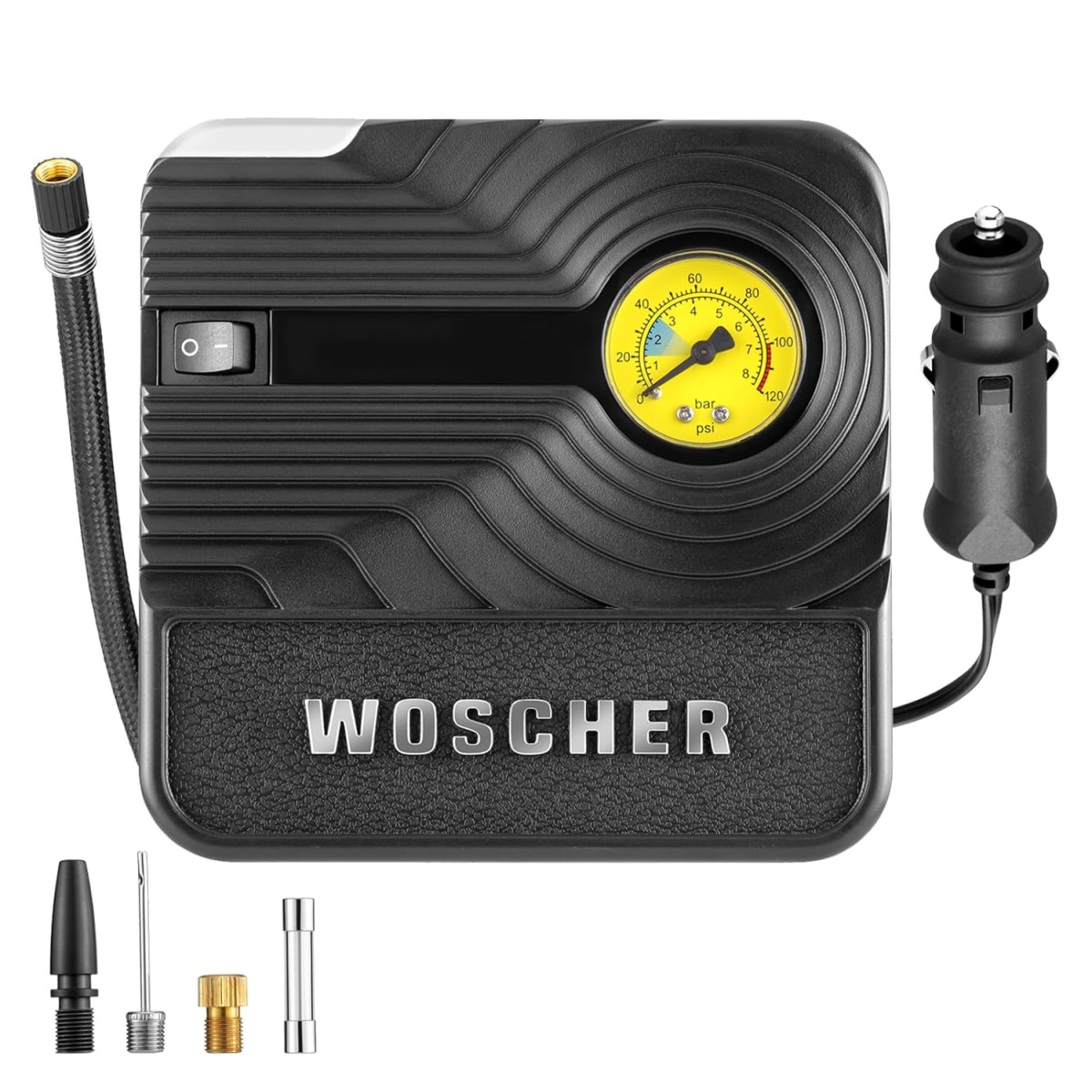 WOSCHERR Tyre Inflator for Car 12V Car Port 130PSI Portable Air Compressor for Cars, Bikes, Motorcycles, Balls, and Inflatables