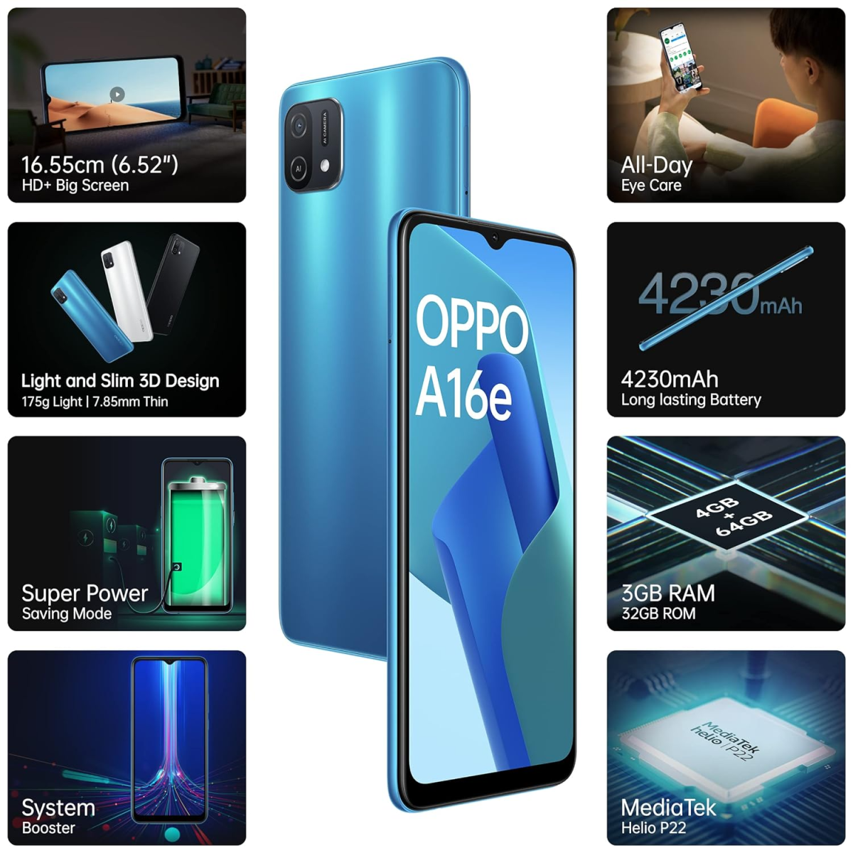 Oppo A16e (Blue, 3GB RAM, 32GB Storage) refurbished