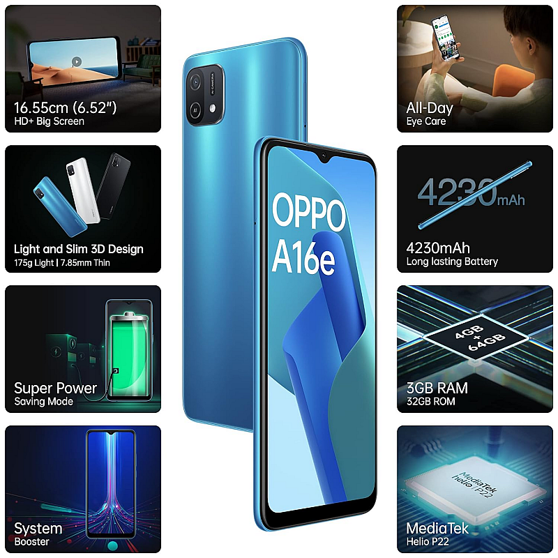 Oppo A16e (Blue, 4GB,RAM, 64GB Storage) Refurbished