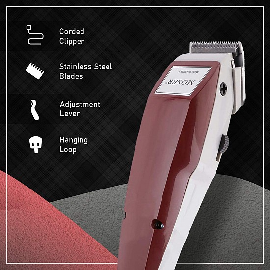 Wahl 01400-0016 Corded Steel Moser Classic Professional Hair Clipper; 0.7-3 mm; Stainless steel Star Blades for precision cutting; Red