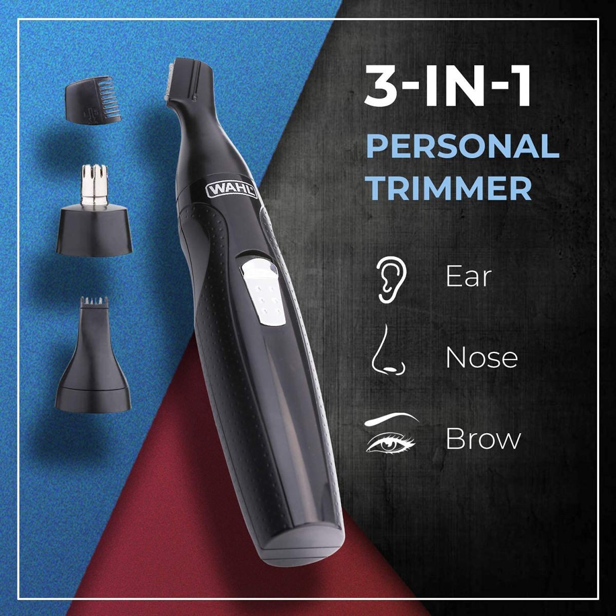 Wahl 5608-524 Cordless Mini Groomsman Grooming 3 in 1 Trimmer; 3 Taatchments: Nose Trimmer, Reciprocating head, Precision Detailer; Rinseable blades; Black