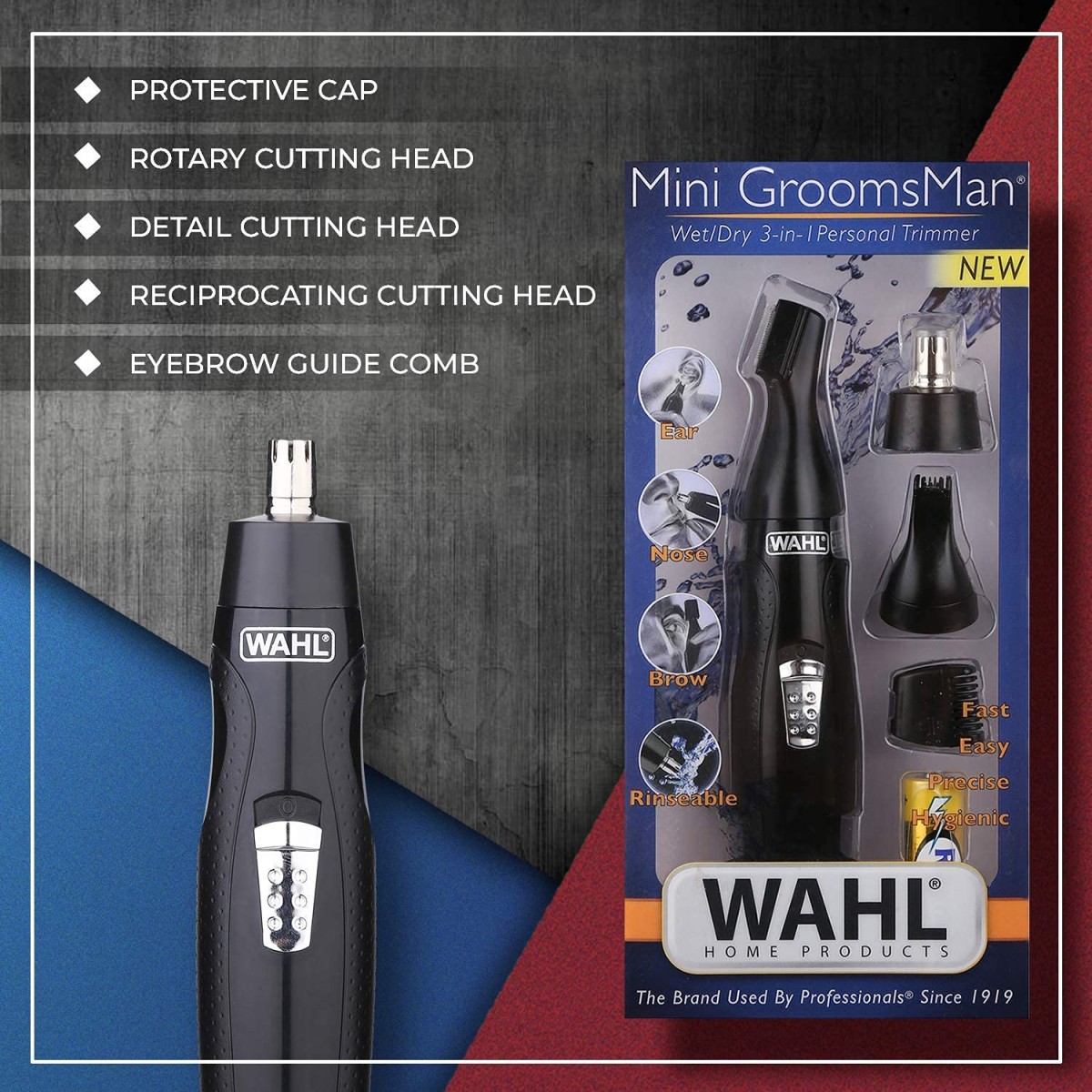 Wahl 5608-524 Cordless Mini Groomsman Grooming 3 in 1 Trimmer; 3 Taatchments: Nose Trimmer, Reciprocating head, Precision Detailer; Rinseable blades; Black