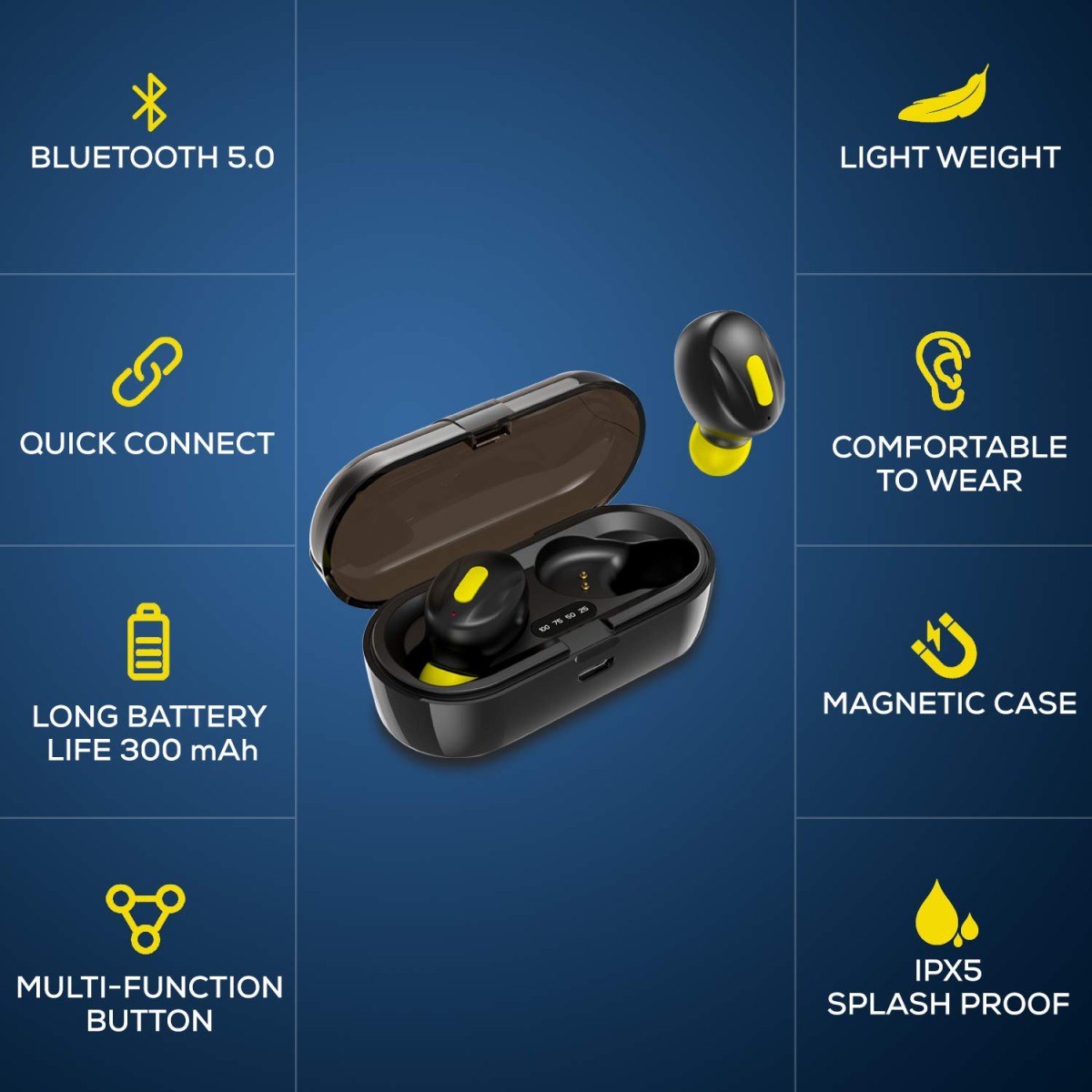 WeCool Moonwalk Mini Earbuds with Magnetic Charging Case with Digital Battery Indicator for Crisp Yellow