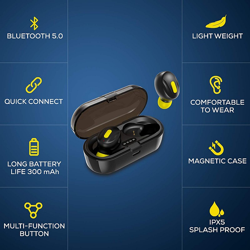 WeCool Moonwalk Mini Earbuds with Magnetic Charging Case with Digital Battery Indicator for Crisp Yellow