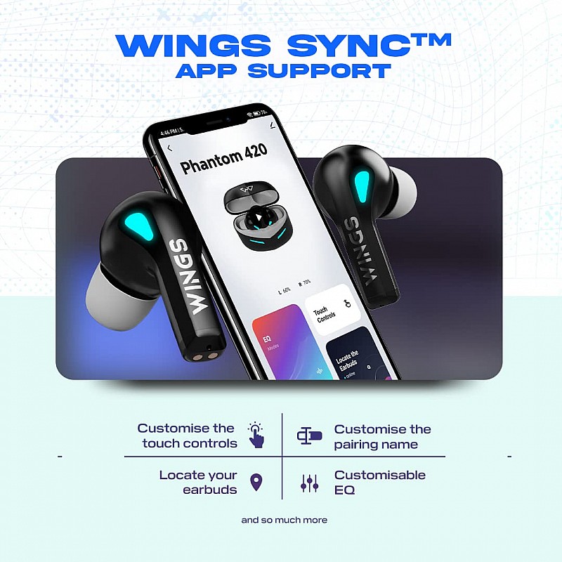 Wings Phantom 420 Low Latency Wireless Earbuds, Bluetooth Headphones, 50 Hours Playtime Gaming Airbuds, Sync App Support, Mic Touch Controls,Gaming Case & LED Lights