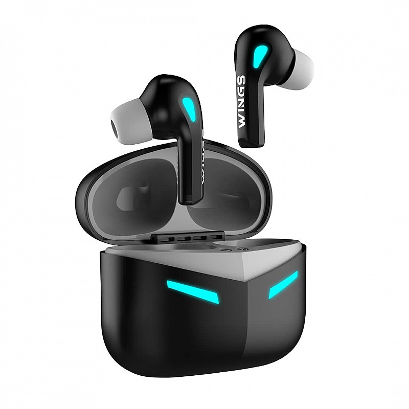 Wings Phantom 420 Low Latency Wireless Earbuds, Bluetooth Headphones, 50 Hours Playtime Gaming Airbuds, Sync App Support, Mic Touch Controls,Gaming Case & LED Lights