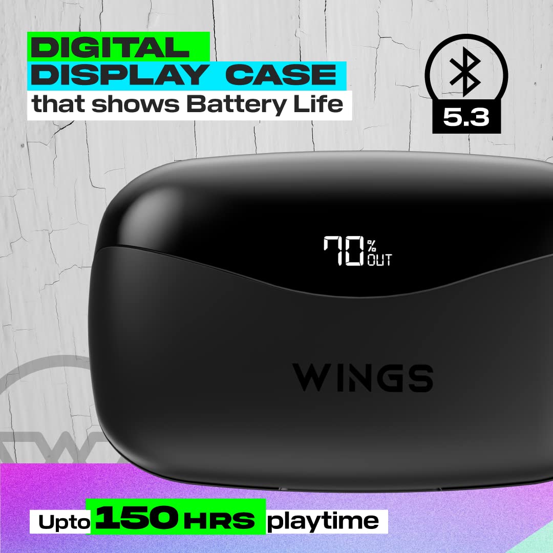 Wings Powerpods Wireless in Ear Earbuds with Powerbank Function, 150 Hours Playtime, Massive 2500mAh Digital Display Battery, Low Latency for Gaming (Black)