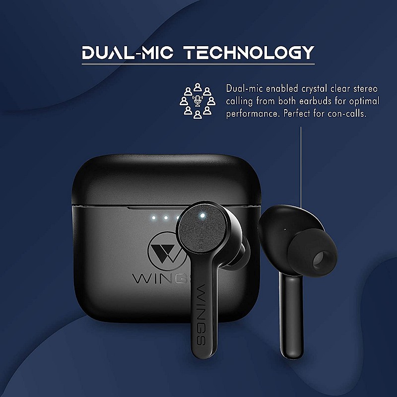 Wings Techno TWS Bluetooth 5.0 True Wireless in Ear TWS Earbuds Earphones Headphones with Mic Black