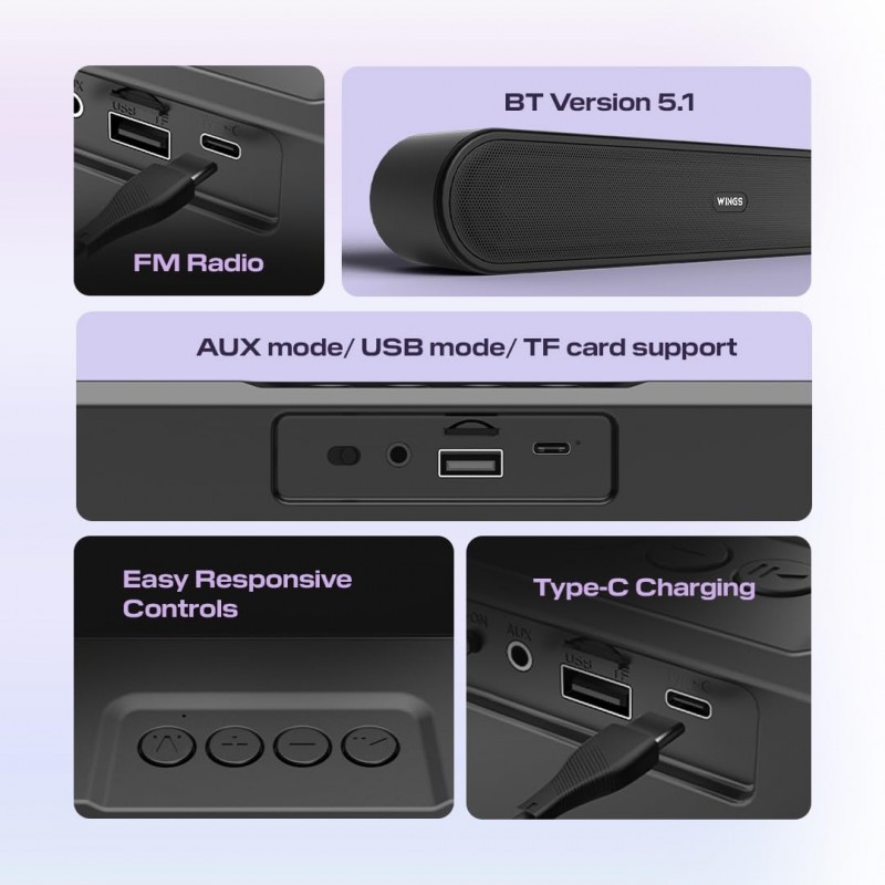 Wings Thunderbar 310 Mini Soundbar with Powerful 14 W Sound Output, Dual Passive radiators Bluetooth Wireless soundbar, Wireless soundbar with Bluetooth 5.1, Soundbars for TV, PC, Mobile