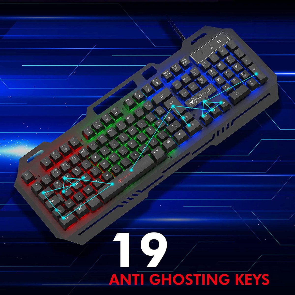 Wings USB Grind105 with Metallic casing, 19 Anti-ghosting Key and Letter Illumination Keyboard Black