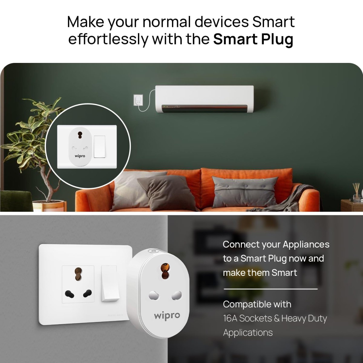 Wipro 16A Wi-Fi Smart Plug with Energy Monitoring- Suitable for Large Appliances like Geysers, Microwave Ovens, Air Conditioners (Works with Alexa and Google Assistant)- White