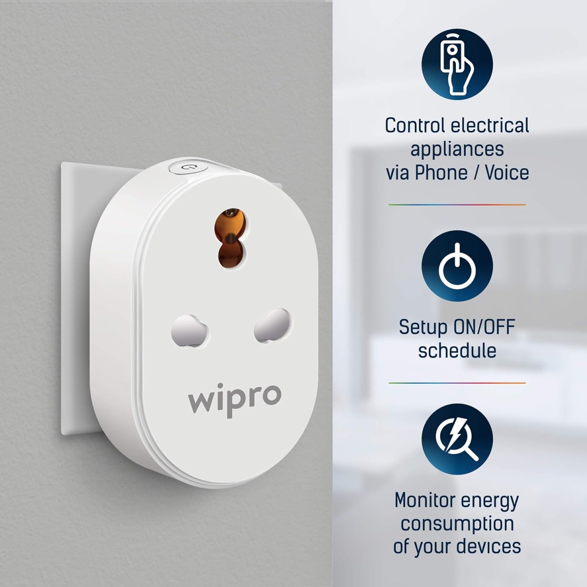 Wipro 16A Wi-Fi Smart Plug with Energy Monitoring- Suitable for Large Appliances like Geysers, Microwave Ovens, Air Conditioners (Works with Alexa and Google Assistant)- White
