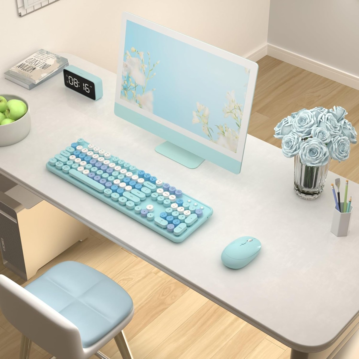 Wireless Computer Keyboard and Mouse, Colorful Typewriter, Retro Keyboard with Round Keycaps, USB Keyboard and Mouse Set, 2.4GHz Full Size for Windows, Mac, PC, Laptop (Blue)