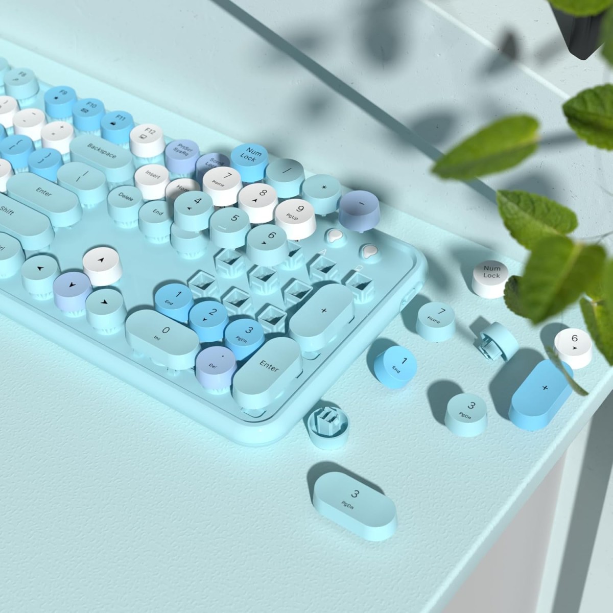 Wireless Computer Keyboard and Mouse, Colorful Typewriter, Retro Keyboard with Round Keycaps, USB Keyboard and Mouse Set, 2.4GHz Full Size for Windows, Mac, PC, Laptop (Blue)