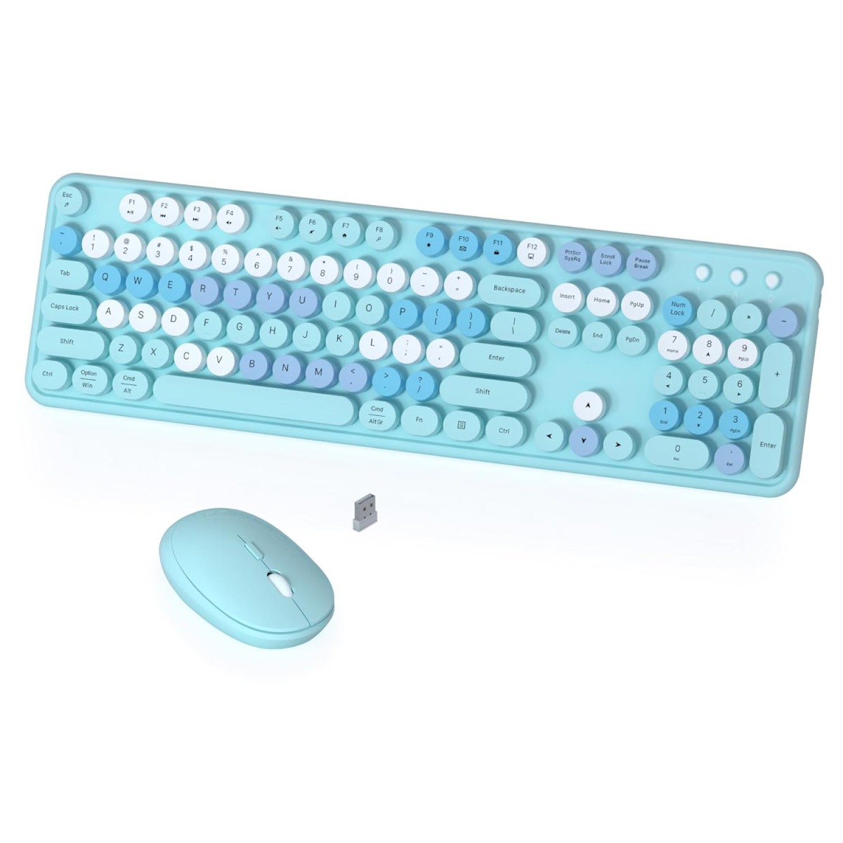 Wireless Computer Keyboard and Mouse, Colorful Typewriter, Retro Keyboard with Round Keycaps, USB Keyboard and Mouse Set, 2.4GHz Full Size for Windows, Mac, PC, Laptop (Blue)