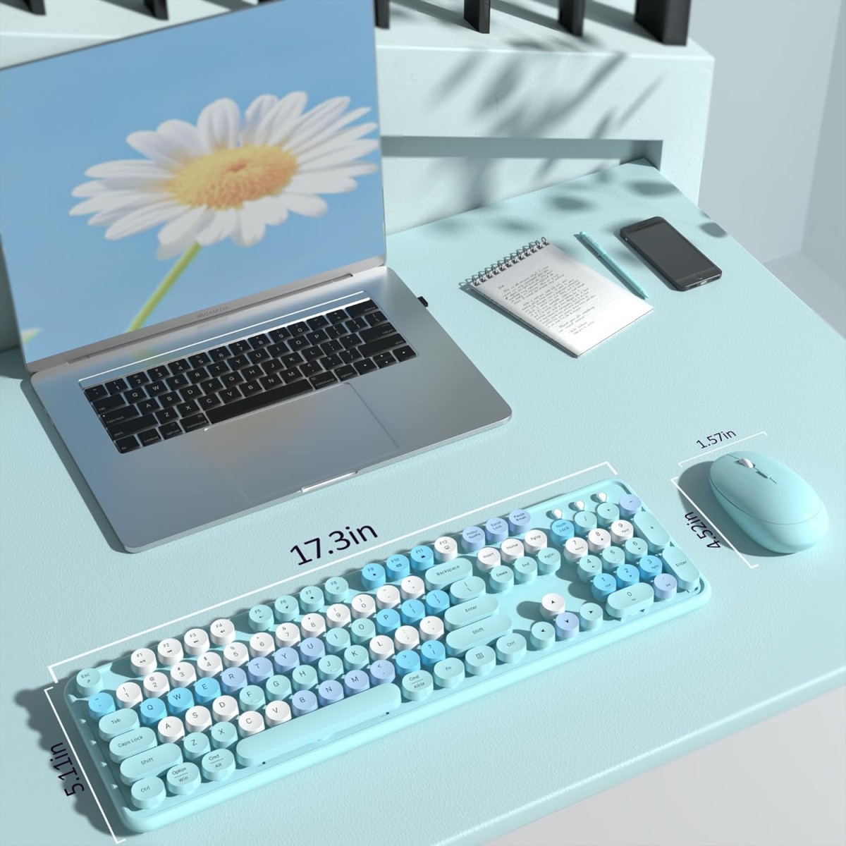 Wireless Computer Keyboard and Mouse, Colorful Typewriter, Retro Keyboard with Round Keycaps, USB Keyboard and Mouse Set, 2.4GHz Full Size for Windows, Mac, PC, Laptop (Blue)