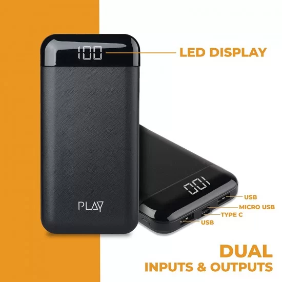 World Of PLAY 20000mAh Power Bank PBA20 Black with Li-Polymer Batteries and Fast Charging Smart Watches Neckbands Other Devices