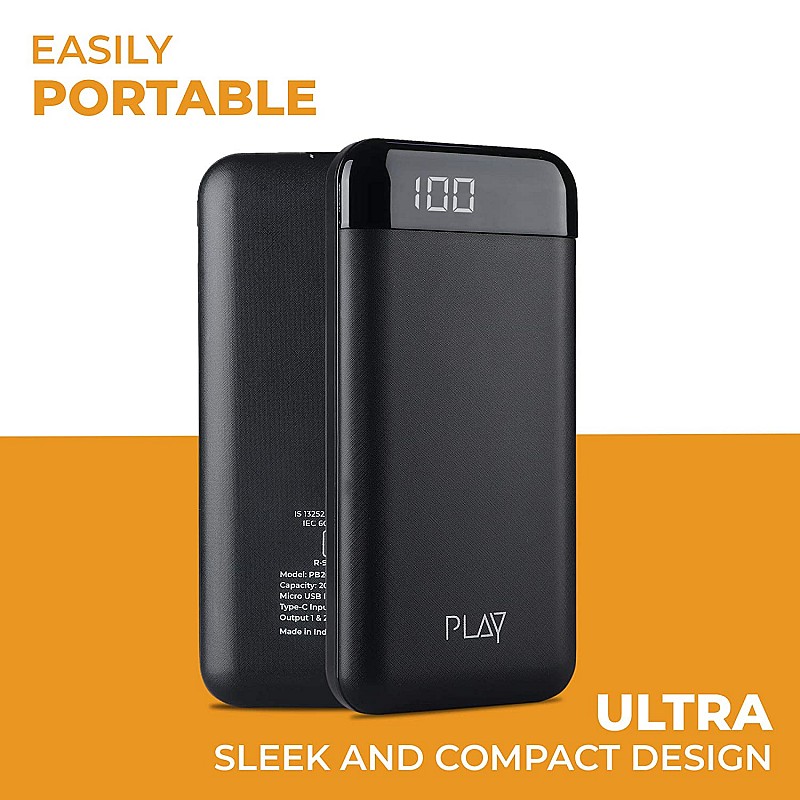 World Of PLAY 20000mAh Power Bank PBA20 Black with Li-Polymer Batteries and Fast Charging Smart Watches Neckbands Other Devices