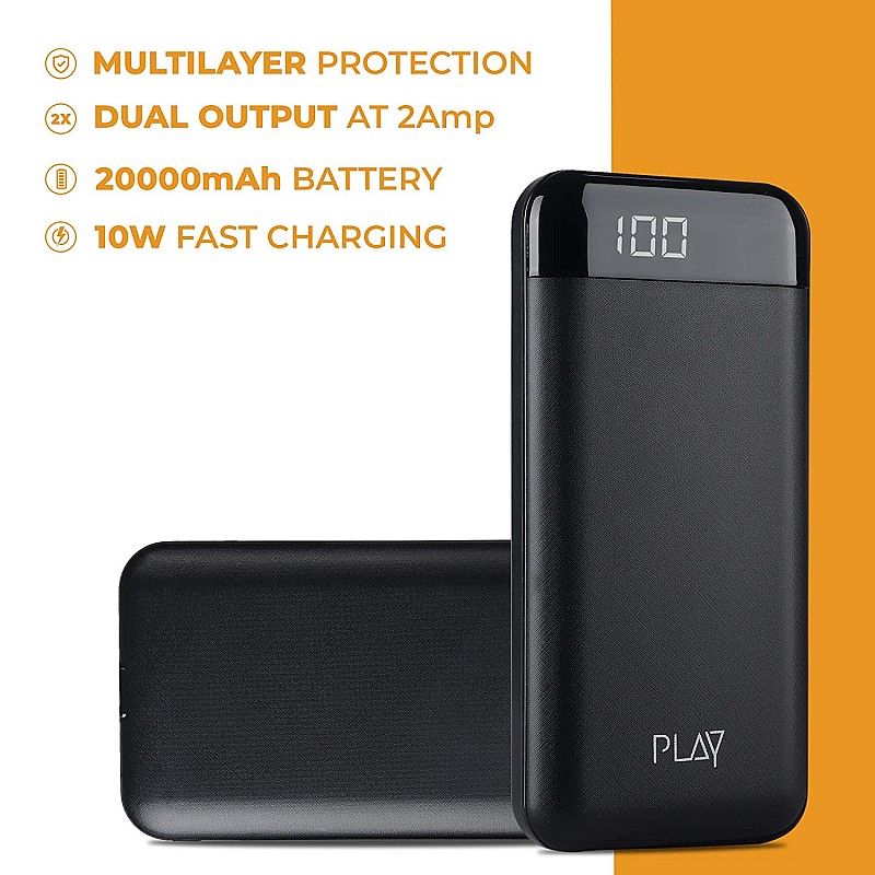 World Of PLAY 20000mAh Power Bank PBA20 Black with Li-Polymer Batteries and Fast Charging Smart Watches Neckbands Other Devices