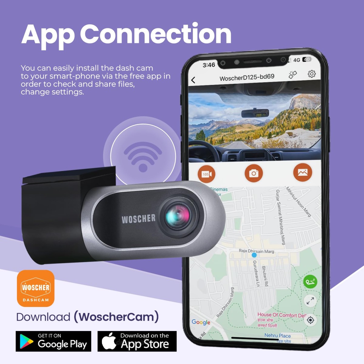 Woscher Dashcam for Cars |FHD 1080p |Super Capacitor |WiFi Connect | Accident Recording | Easy DIY Set Up |Upto 128GB SD Card Supported| Charcoal Gray| iOS/Android Mobile App (2024)| 2 Years Warranty